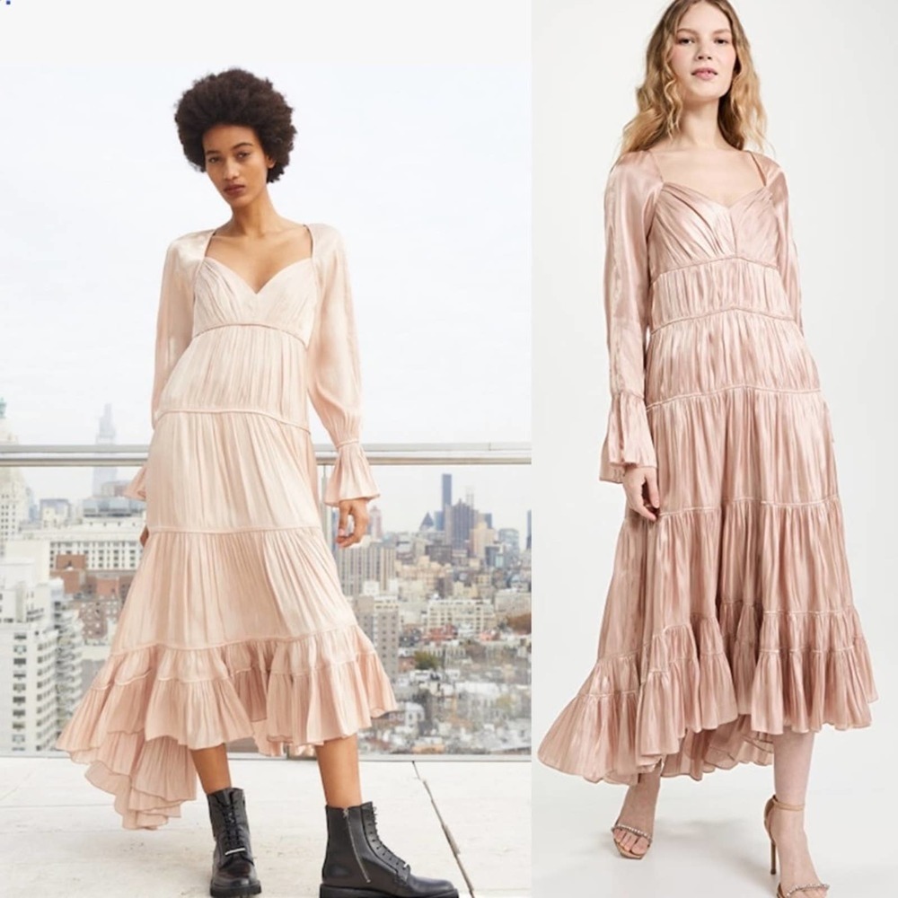 Cinq a Sept Nina tiered satin shimmery midi dress in trut champagne size 6